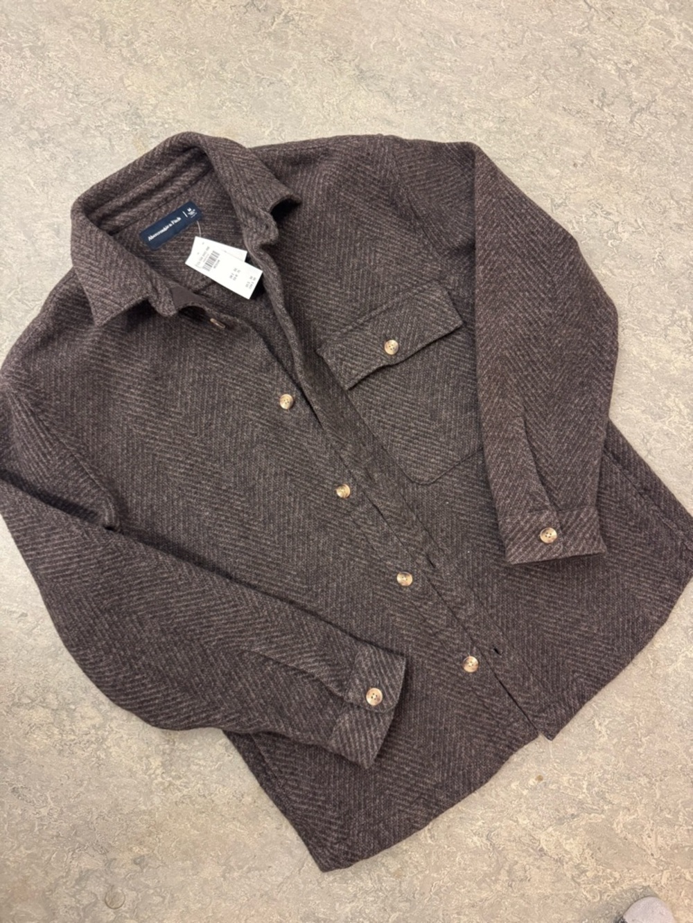 Abercrombie & Fitch Dark Brown Herringbone Button-Up Shacket Medium New - Picture 3 of 6